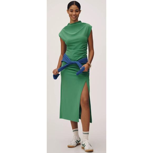 Anthropologie The Maya Ruched Cowl-Neck Midi Dress Kelly Green Stretch Sz XS New - Picture 1 of 14